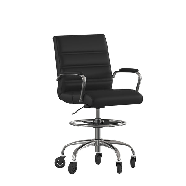 Black |#| Drafting Chair with Roller Wheels, Adjustable Foot Ring - Black LeatherSoft