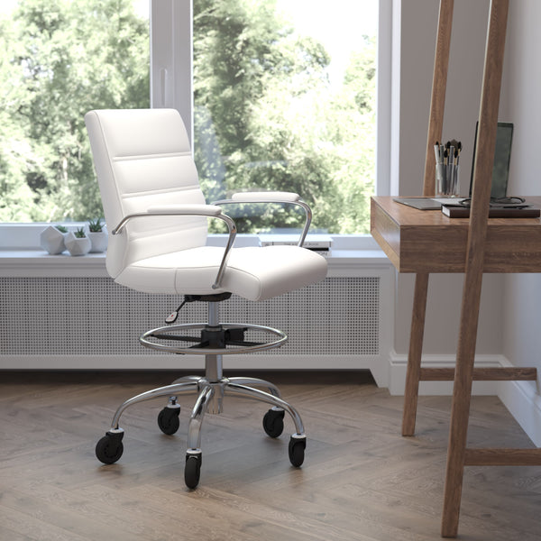 White |#| Drafting Chair with Roller Wheels, Adjustable Foot Ring - White LeatherSoft