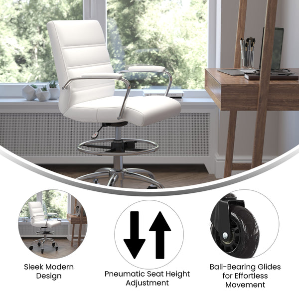 White |#| Drafting Chair with Roller Wheels, Adjustable Foot Ring - White LeatherSoft
