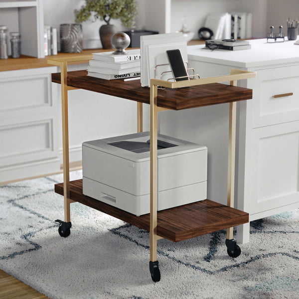 Walnut/Polished Brass Frame |#| Mobile 2 Tier Home Office Printer Cart with Side Storage-Walnut/Polished Brass