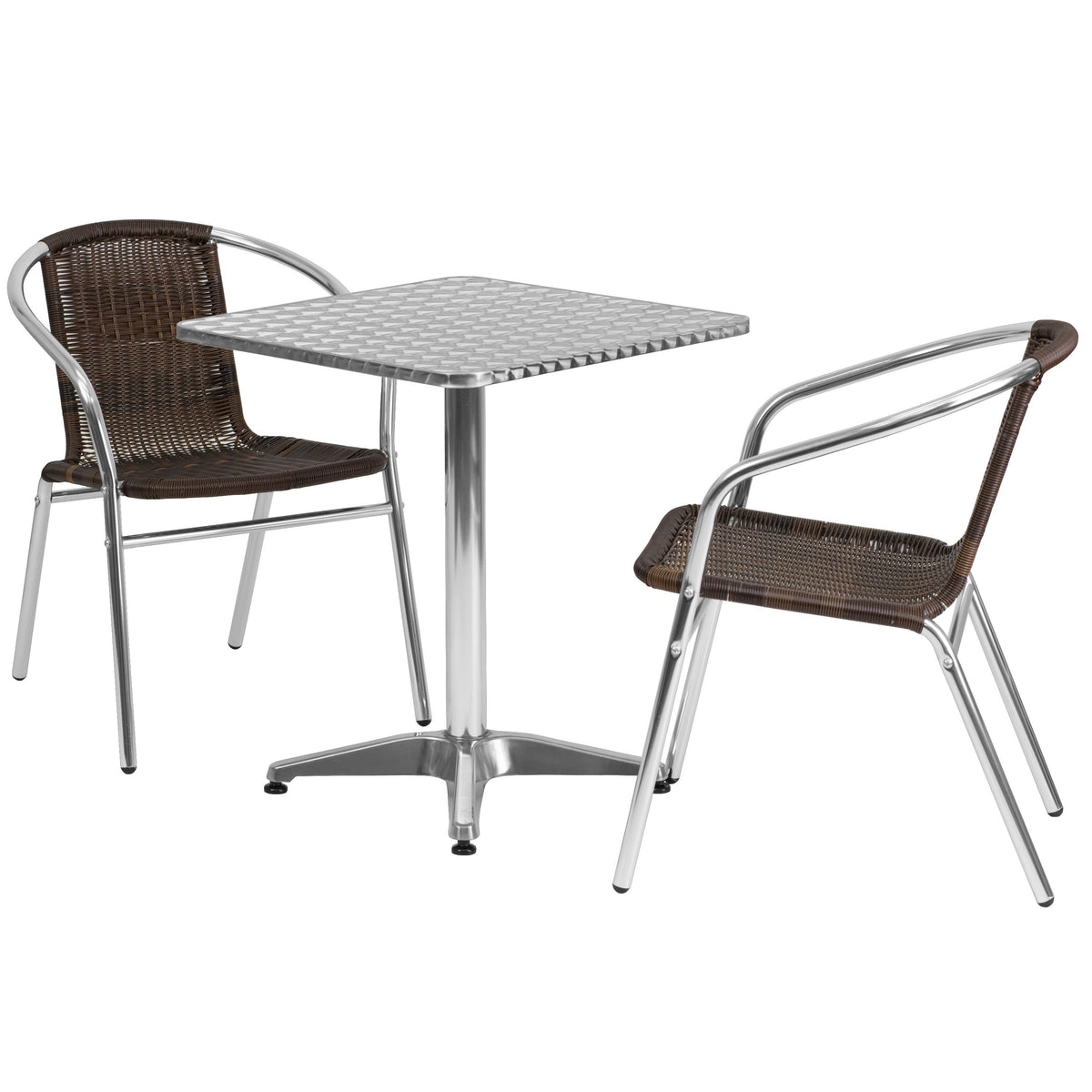 Dark Brown |#| 23.5inch Square Aluminum Indoor-Outdoor Table Set with 2 Dark Brown Rattan Chairs