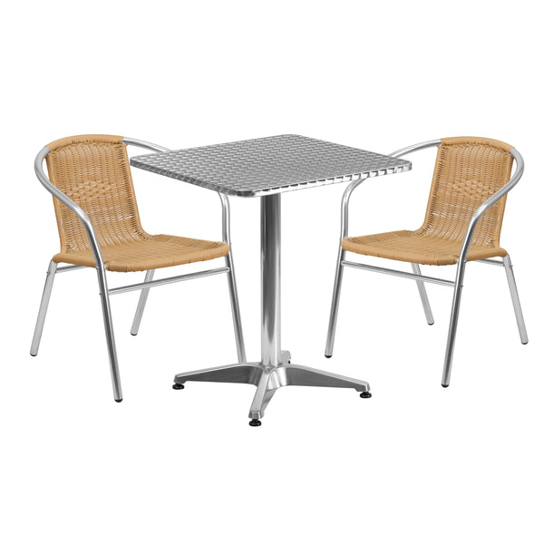 Beige |#| 23.5inch Square Aluminum Indoor-Outdoor Table Set with 2 Beige Rattan Chairs