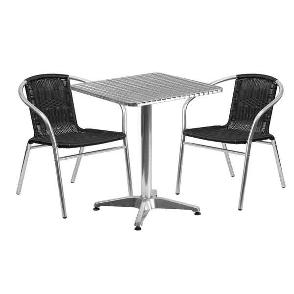 Black |#| 23.5inch Square Aluminum Indoor-Outdoor Table Set with 2 Black Rattan Chairs