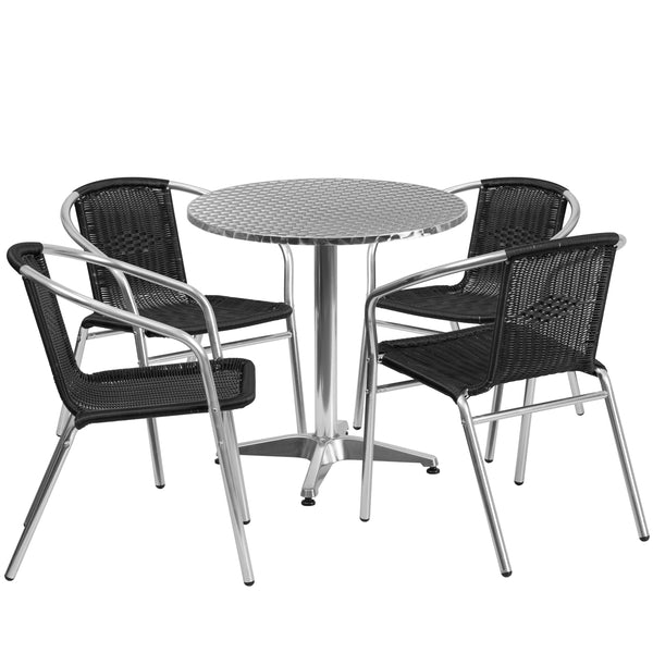 Black |#| 27.5inch Round Aluminum Indoor-Outdoor Table Set with 4 Black Rattan Chairs