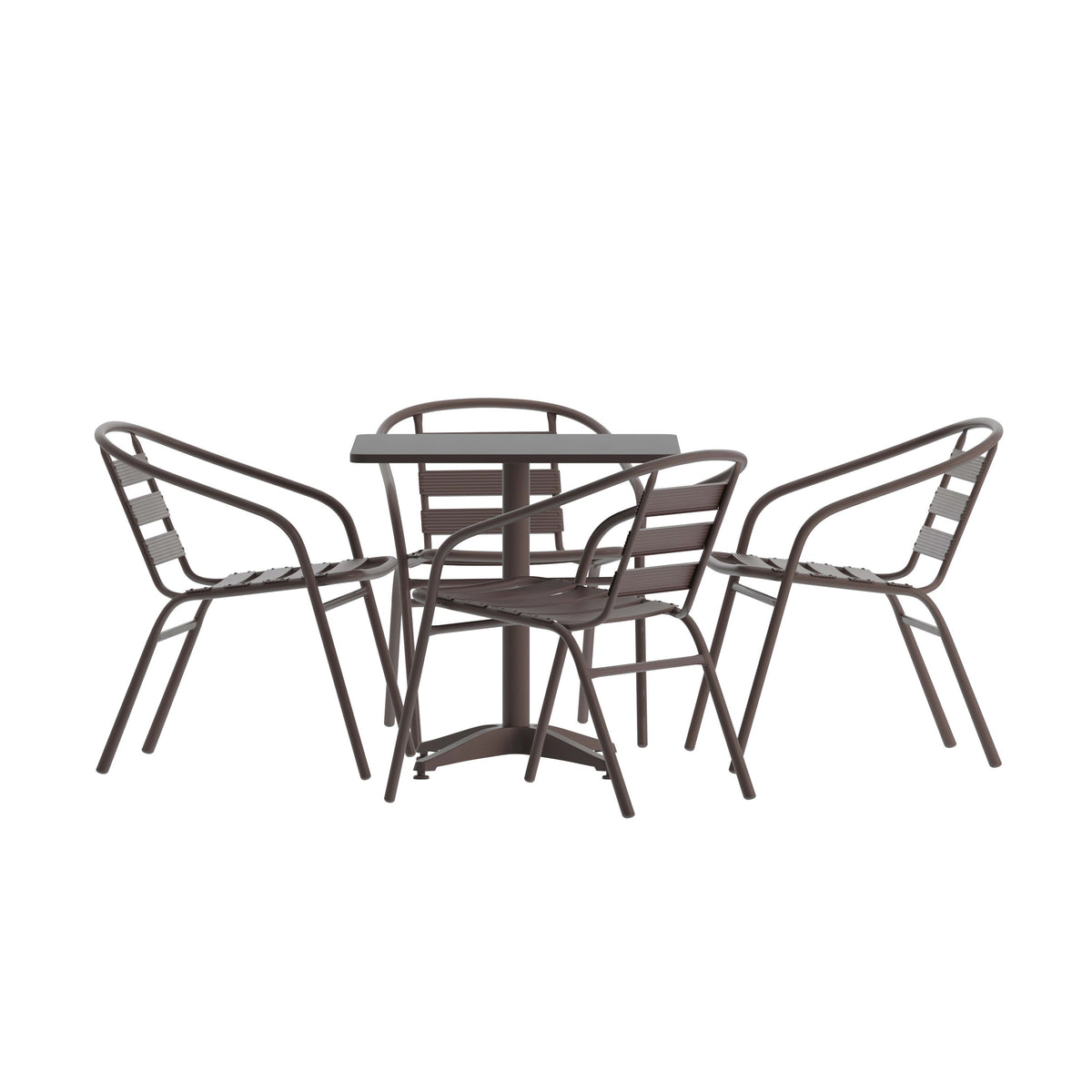 Bronze |#| Modern 27.5inch Square Glass Framed Glass Table with 4 Bronze Slat Back Chairs