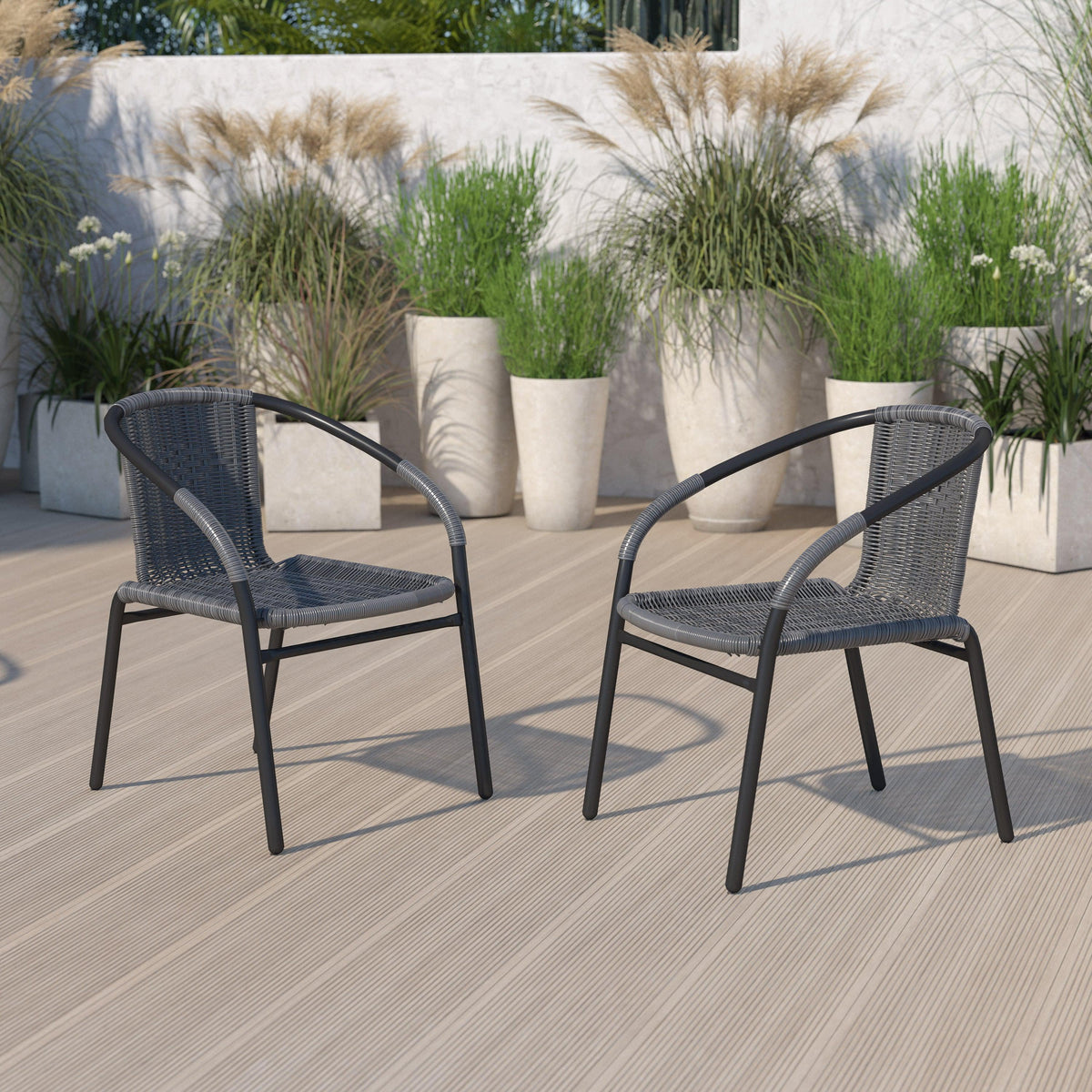 Gray |#| 2 Pack Gray Rattan Indoor-Outdoor Restaurant Stack Chair with Curved Back