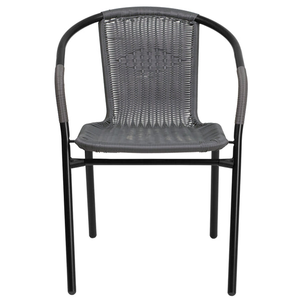 Gray |#| 2 Pack Gray Rattan Indoor-Outdoor Restaurant Stack Chair with Curved Back