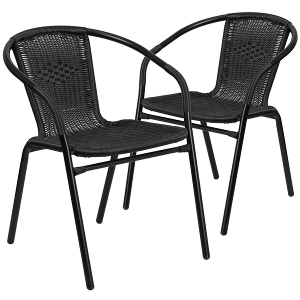 Black |#| 2 Pack Black Rattan Indoor-Outdoor Restaurant Stack Chair with Curved Back