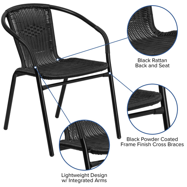 Black |#| 2 Pack Black Rattan Indoor-Outdoor Restaurant Stack Chair with Curved Back