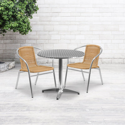 Lila 31.5'' Round Aluminum Indoor-Outdoor Table Set with 2 Rattan Chairs