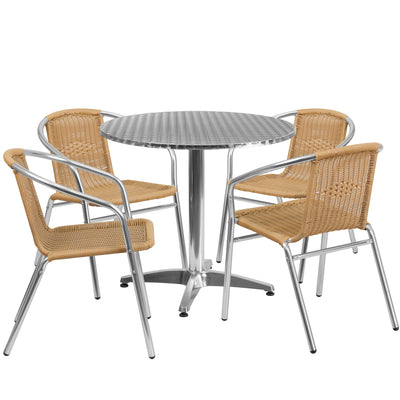 Lila 31.5'' Round Aluminum Indoor-Outdoor Table Set with 4 Rattan Chairs