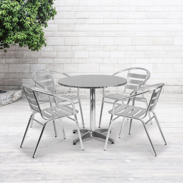 Aluminum |#| 31.5inch Round Aluminum Indoor-Outdoor Table Set with 4 Slat Back Chairs