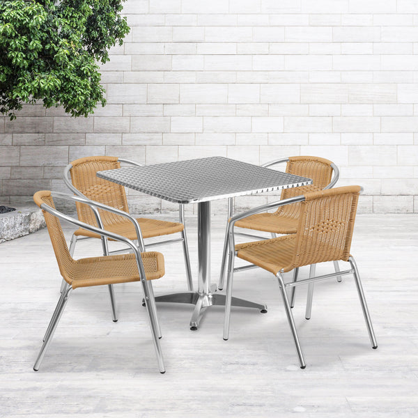 Beige |#| 31.5inch Square Aluminum Indoor-Outdoor Table Set with 4 Beige Rattan Chairs