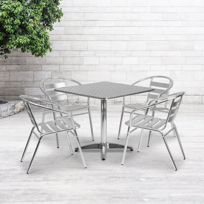 Lila 31.5'' Square Aluminum Indoor-Outdoor Table Set with 4 Slat Back Chairs