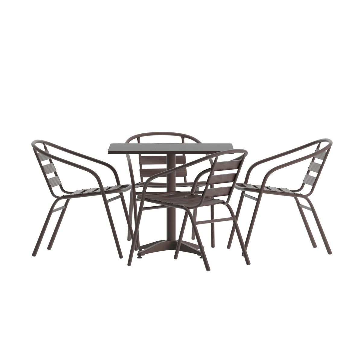 Bronze |#| Modern 31.5inch Square Glass Framed Glass Table with 4 Bronze Slat Back Chairs