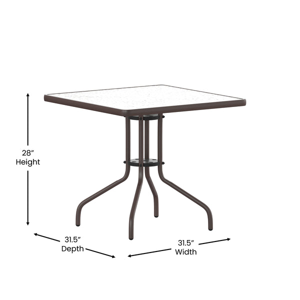 Bronze |#| Modern 31.5inch Square Glass Framed Glass Table with 4 Bronze Slat Back Chairs