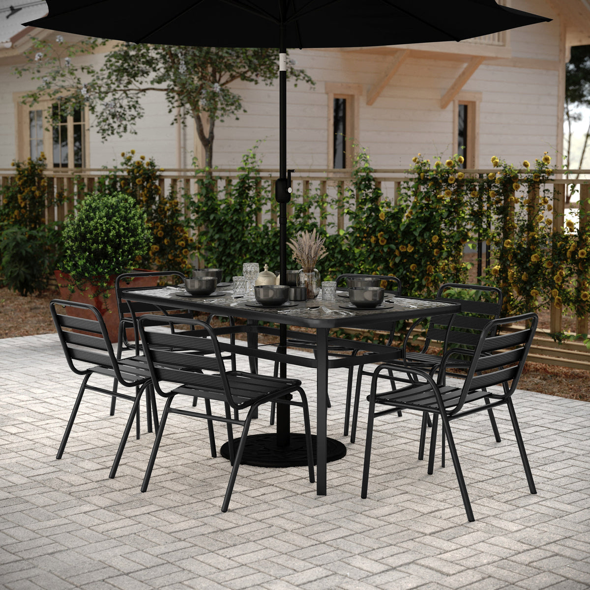 Commercial Patio Dining Set with Table, 4 Chairs, and 2 Arm Chairs in Black