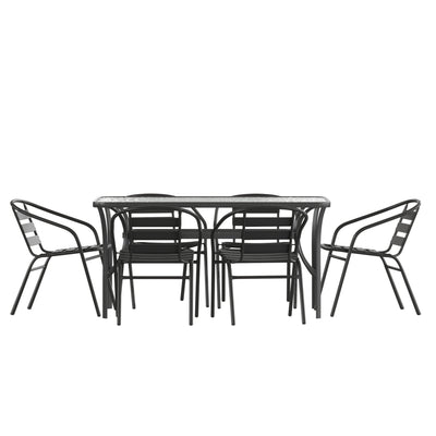 Lila 7 Piece Commercial Outdoor Patio Dining Set with Tempered Glass Patio Table with Umbrella Hole and 6 Triple Slat Chairs