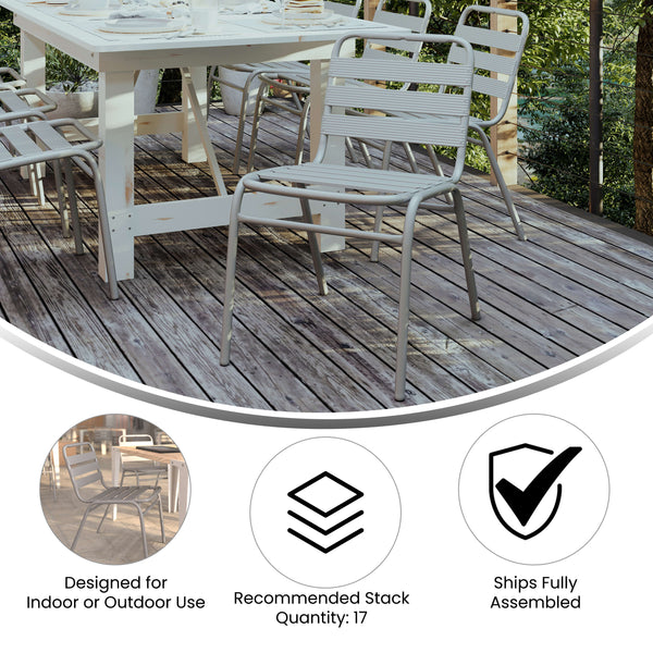 Silver |#| Commercial Silver Indoor-Outdoor Restaurant Stack Chair with Triple Slat Back