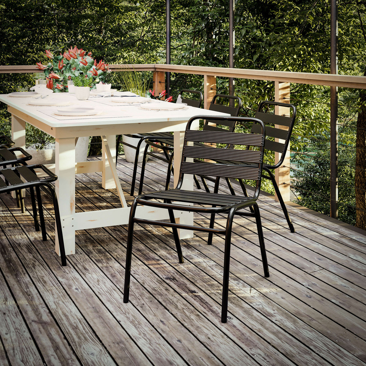 Black |#| Commercial Black Indoor-Outdoor Restaurant Stack Chair with Triple Slat Back