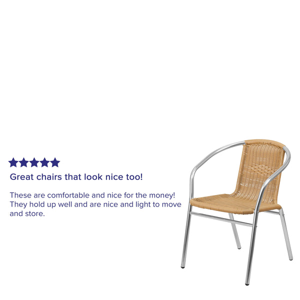Aluminum and Beige |#| Commercial Aluminum and Beige Rattan Indoor-Outdoor Restaurant Stack Chair