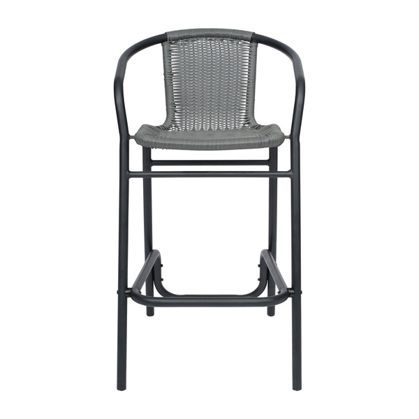 Gray |#| Commercial Indoor-Outdoor Rattan Restaurant Barstool Black Frame-Gray