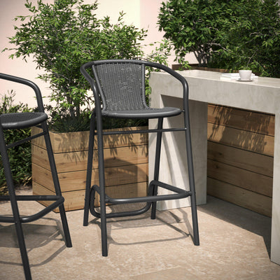 Lila Commercial Grade Indoor-Outdoor PE Rattan Restaurant Barstool with Steel Frame and Footrest - View 2