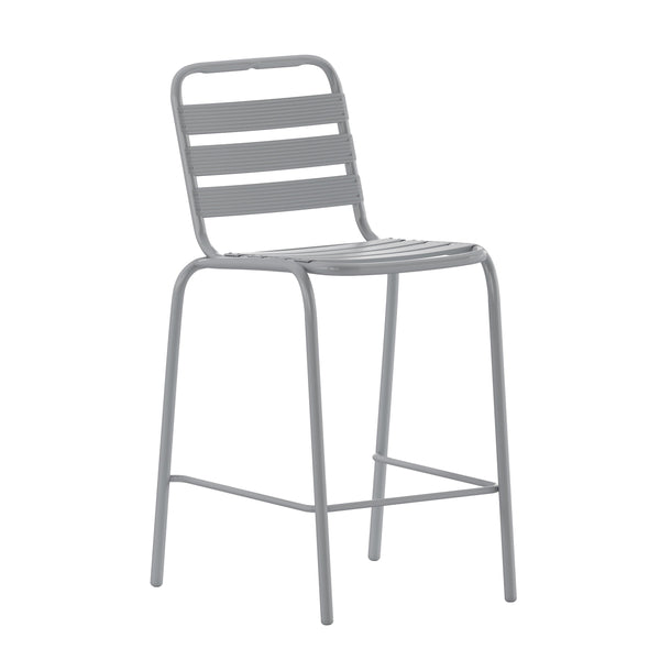 Silver |#| Commercial Silver Indoor-Outdoor Restaurant Stacking Stool with Triple Slat Back