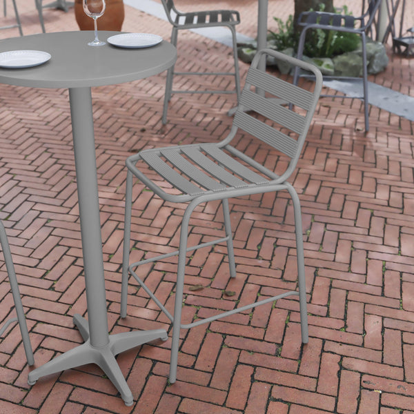 Silver |#| Commercial Silver Indoor-Outdoor Restaurant Stacking Stool with Triple Slat Back