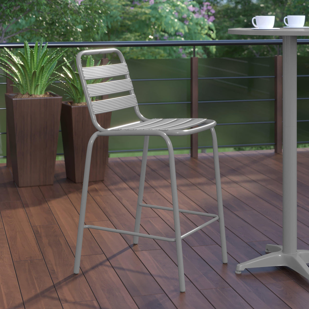 Silver |#| Commercial Silver Indoor-Outdoor Restaurant Stacking Stool with Triple Slat Back