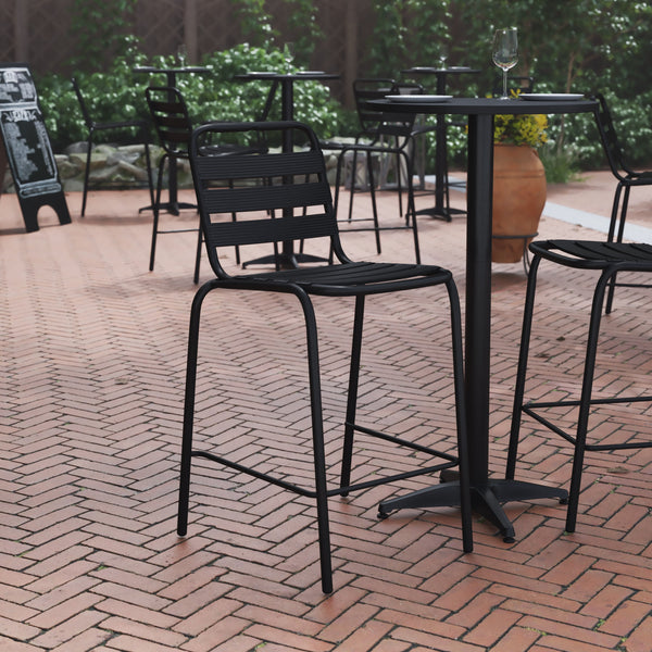 Black |#| Commercial Black Indoor-Outdoor Restaurant Stacking Stool with Triple Slat Back