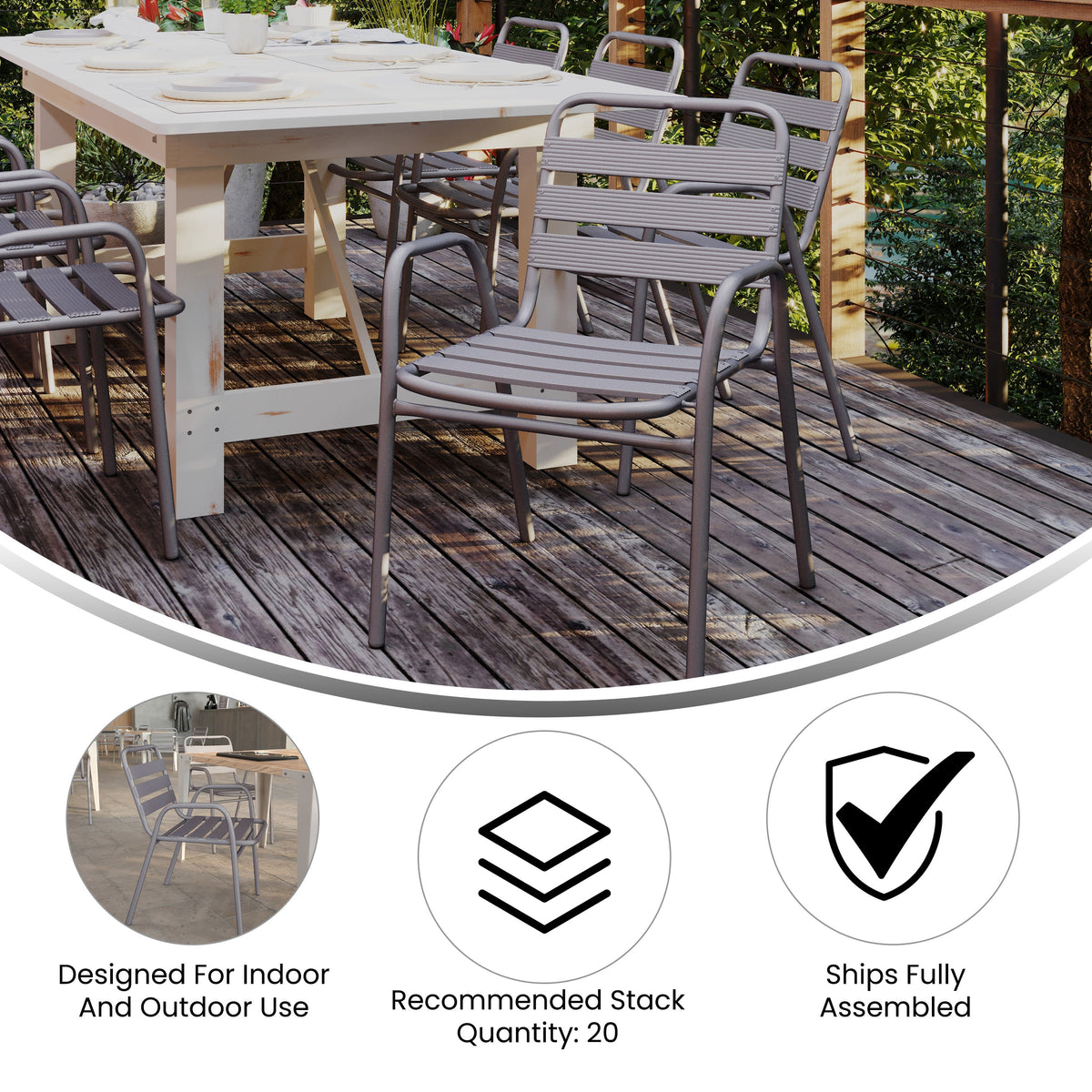 Silver |#| Commercial Indoor-Outdoor Restaurant Stack Chair with Slat Back and Arms-Silver