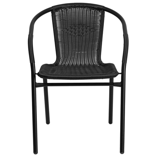 Black |#| Black Rattan Indoor-Outdoor Restaurant Stack Chair with Curved Back