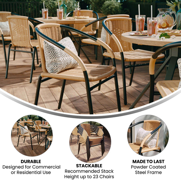 Beige |#| Beige Rattan Indoor-Outdoor Restaurant Stack Chair with Curved Back