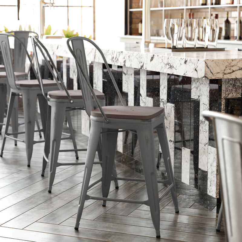 Lincoln 24'' High Indoor Counter Height Stool with Back with Poly Resin Wood Seat