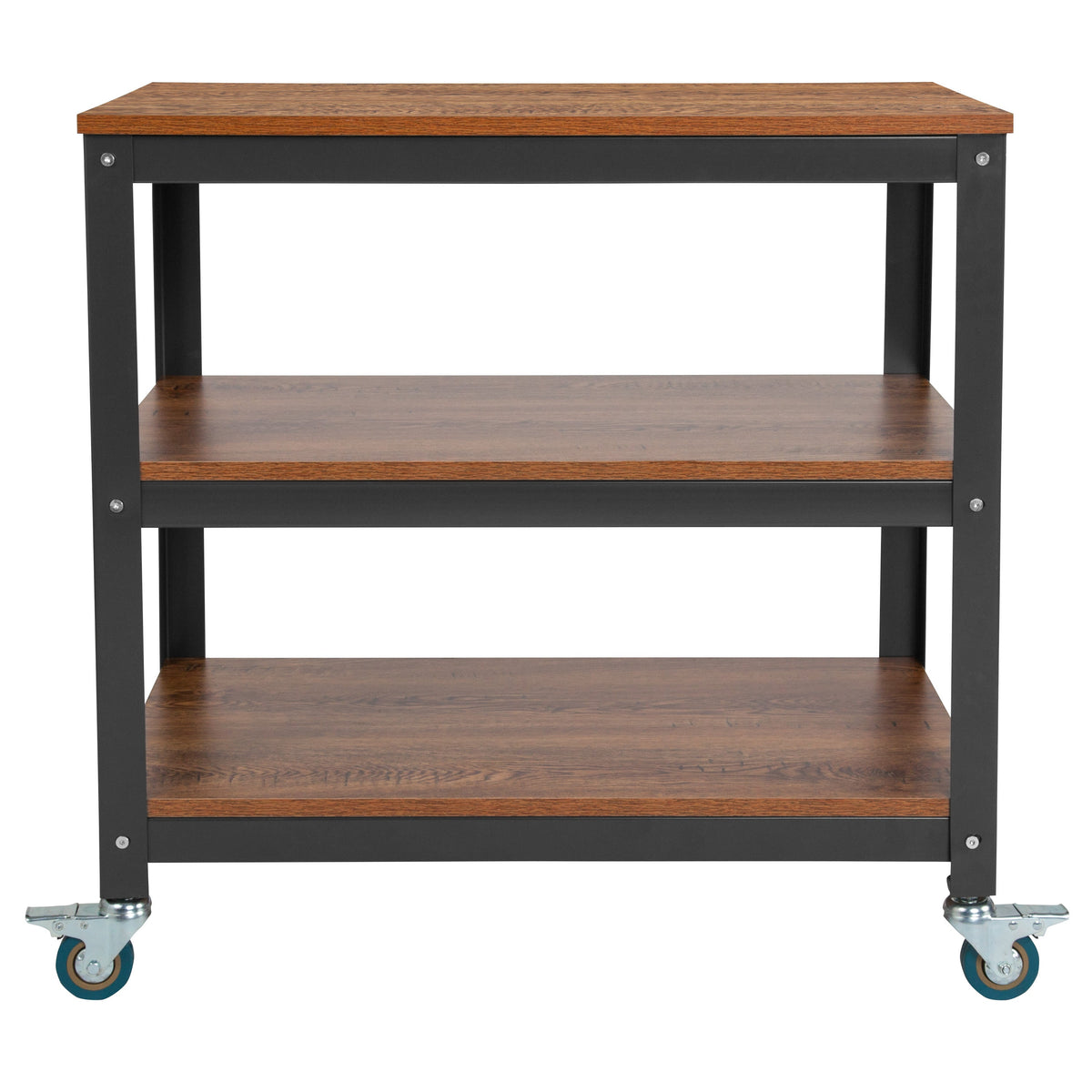 30inchW Rolling Storage Cart with Metal Wheels in Brown Oak Wood Grain Finish