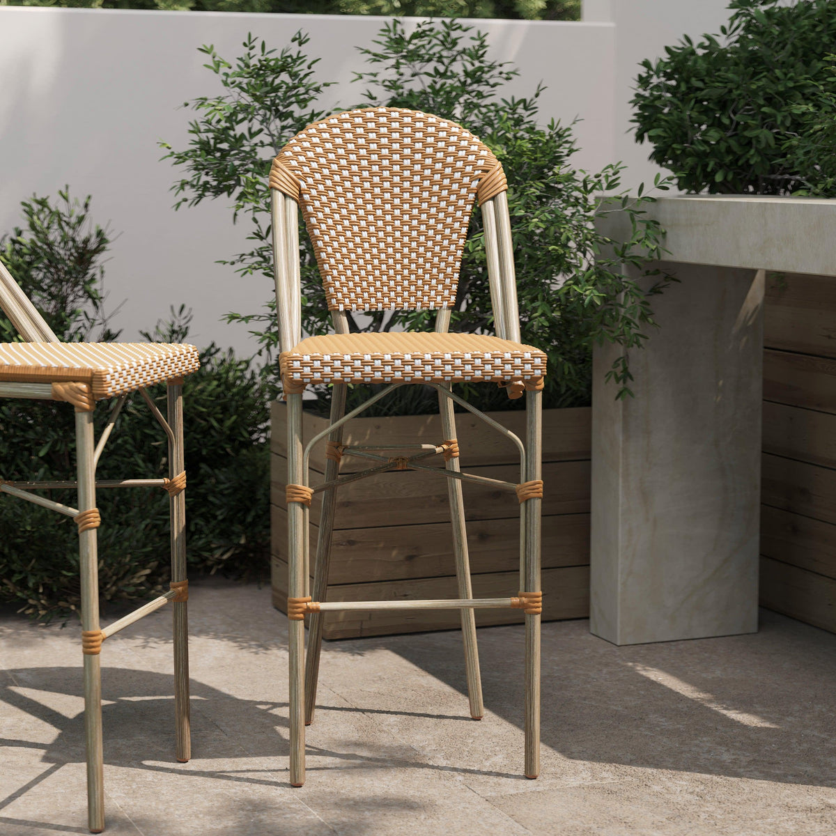 Natural & White/Light Natural Frame |#| All-Weather Commercial Paris Chair with Bamboo Print Metal Frame-Natural/White