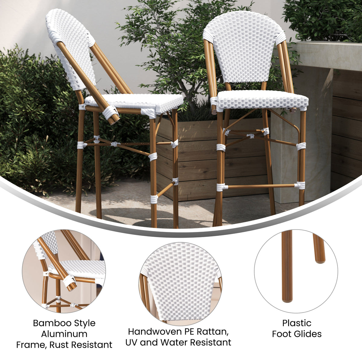 White & Gray/Natural Frame |#| All-Weather Commercial Paris 30inch Stool with Bamboo Print Metal Frame-White/Gray