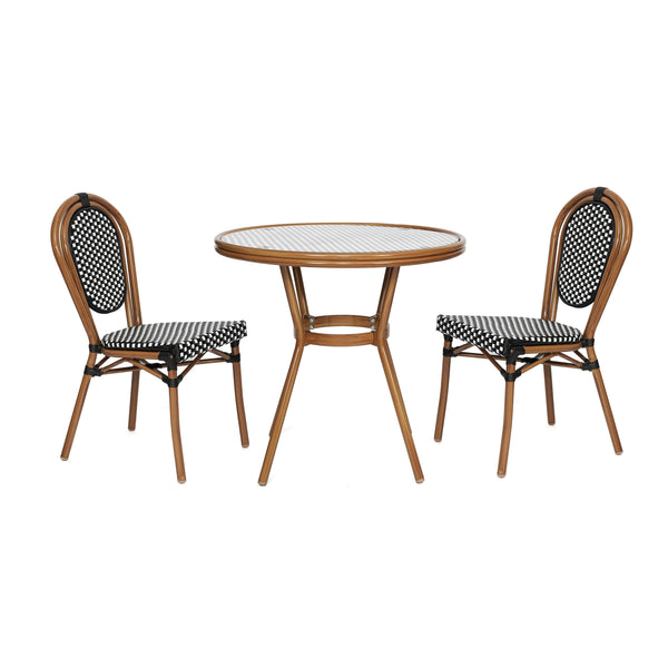 Indoor/Outdoor Commercial Bistro Set with Table and 2 Chairs in Blk/Wht