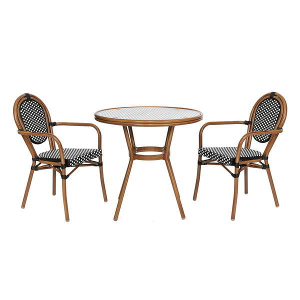 Indoor/Outdoor Commercial Bistro Set with Table and 2 Chairs in Blk/Wht
