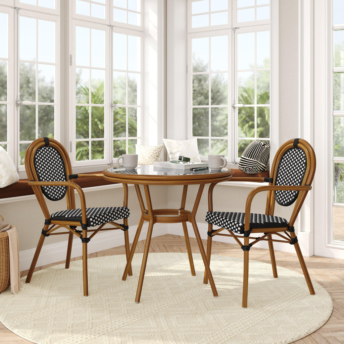 Indoor/Outdoor Commercial Bistro Set with Table and 2 Chairs in Blk/Wht