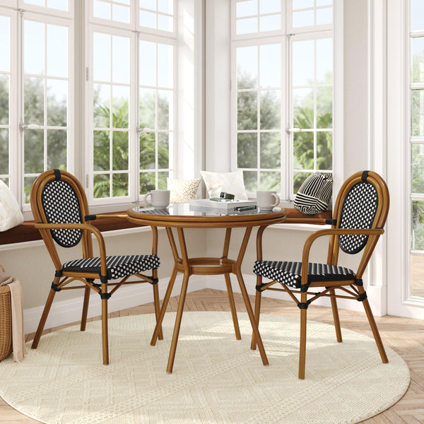 Indoor/Outdoor Commercial Bistro Set with Table and 2 Chairs in Blk/Wht
