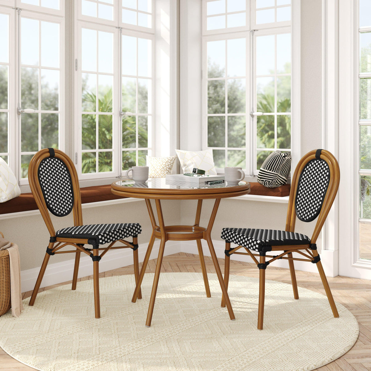 Indoor/Outdoor Commercial Bistro Set with Table and 2 Chairs in Blk/Wht