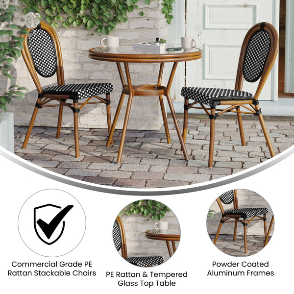 Indoor/Outdoor Commercial Bistro Set with Table and 2 Chairs in Blk/Wht