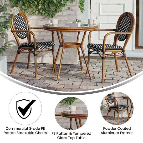 Indoor/Outdoor Commercial Bistro Set with Table and 2 Chairs in Blk/Wht