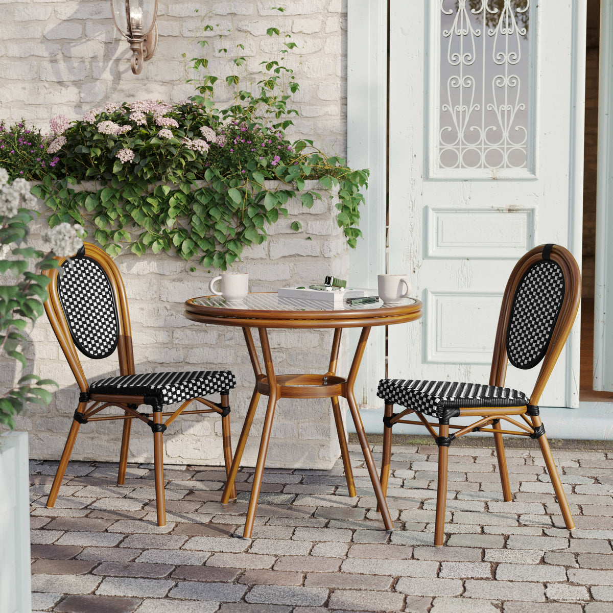 Indoor/Outdoor Commercial Bistro Set with Table and 2 Chairs in Blk/Wht