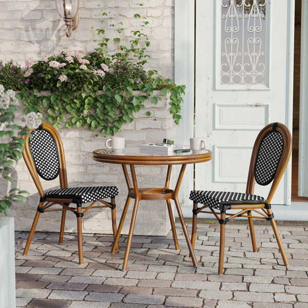 Indoor/Outdoor Commercial Bistro Set with Table and 2 Chairs in Blk/Wht