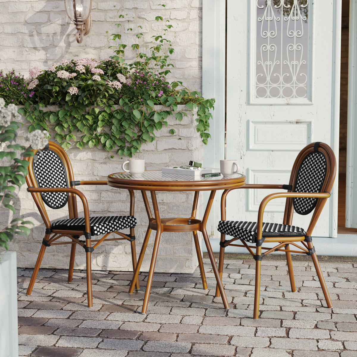 Indoor/Outdoor Commercial Bistro Set with Table and 2 Chairs in Blk/Wht