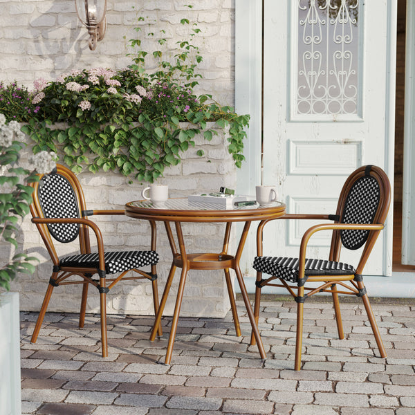 Indoor/Outdoor Commercial Bistro Set with Table and 2 Chairs in Blk/Wht