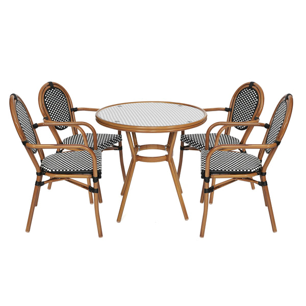 Indoor/Outdoor Commercial Bistro Set with Table and 4 Chairs in Blk/Wht